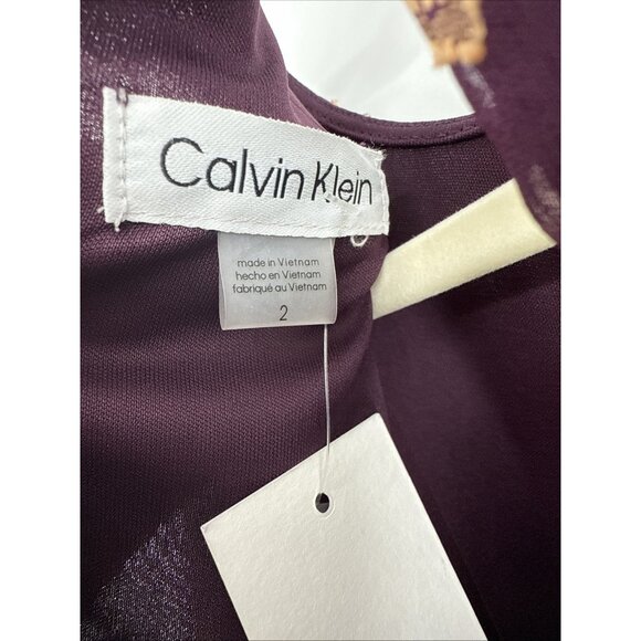 New CALVIN KLEIN Womens Size 2 Purple Gold Tie Cuffs Balloon Sleeve Shift Dress - Picture 7 of 11